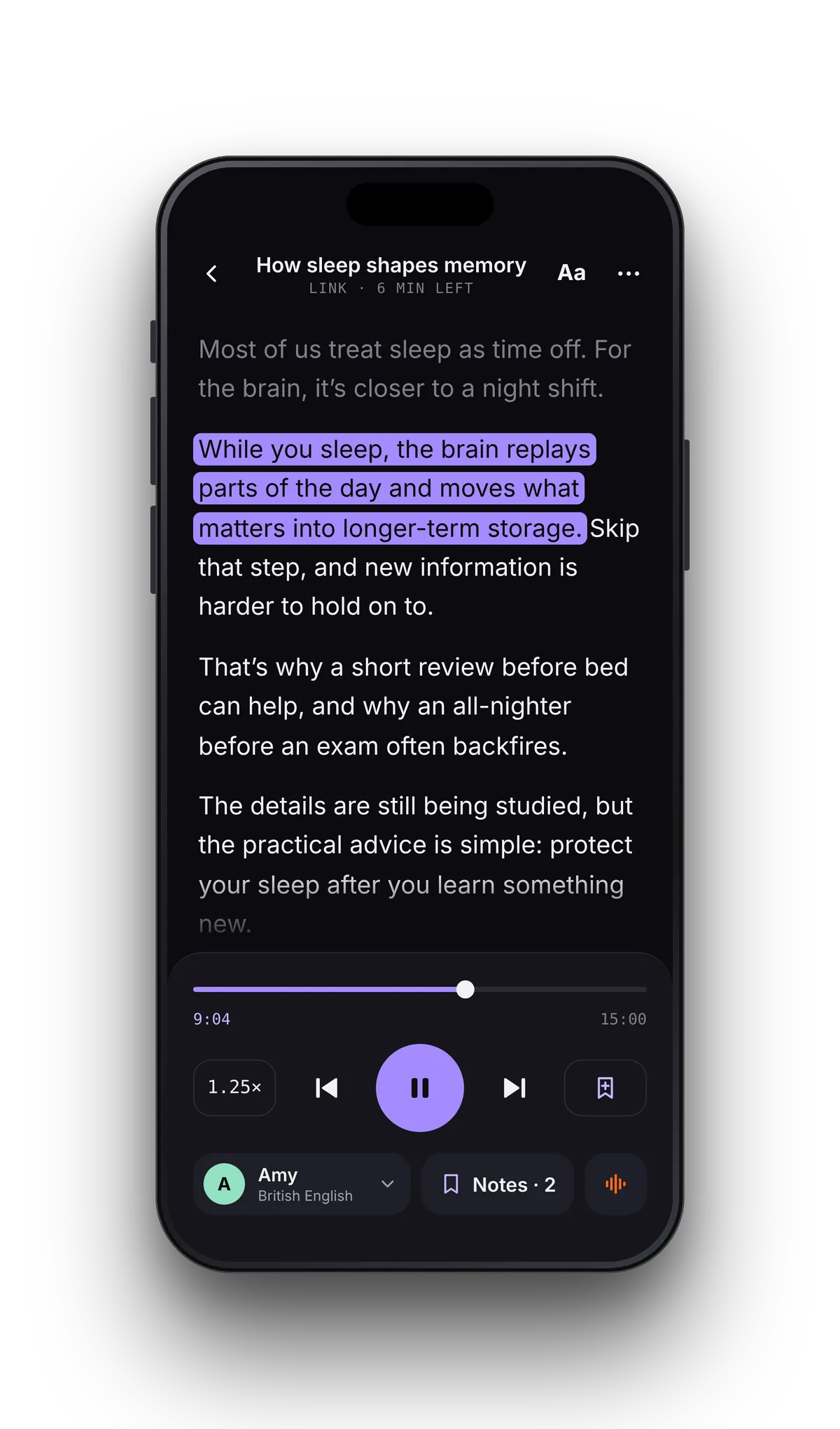 VoiceRead reading an article out loud, with the current sentence highlighted