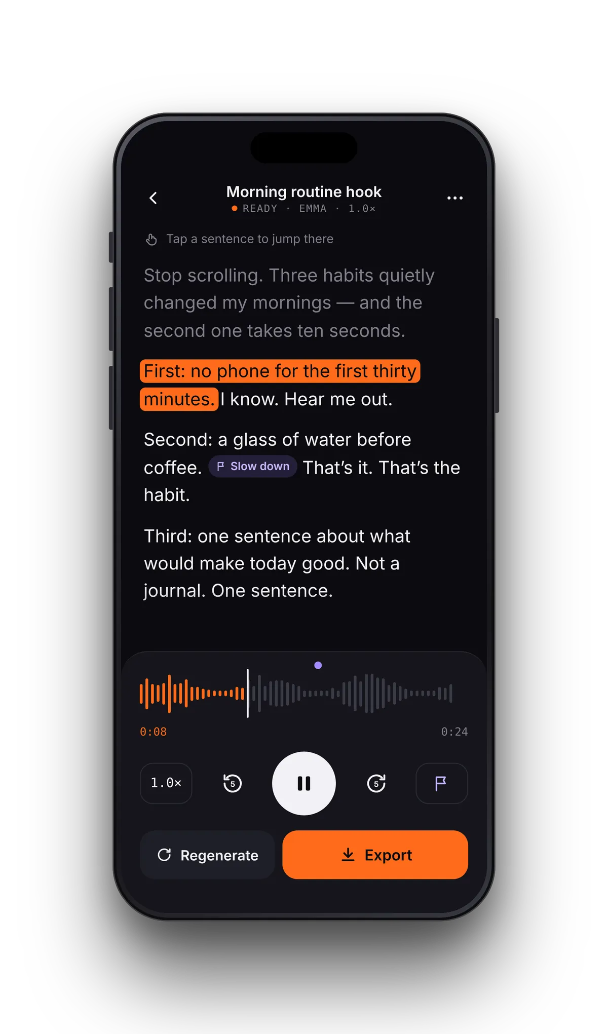 VoiceRead Studio playing back a generated voiceover with the current sentence highlighted and an Export button