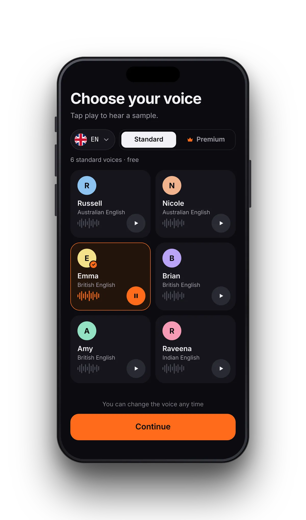 Choosing a reading voice in VoiceRead: Russell, Nicole, Emma, Brian, Amy and Raveena